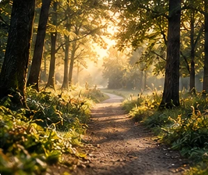Zonlicht valt over een rustig pad tussen de bomen